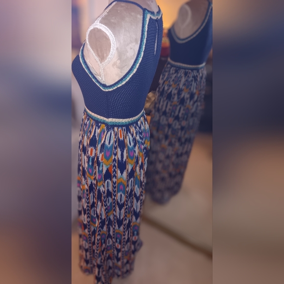 Xhiliration~Blue Crochet Tank Top Bohemian Colorful Aztec Maxi Dress - Picture 10 of 14